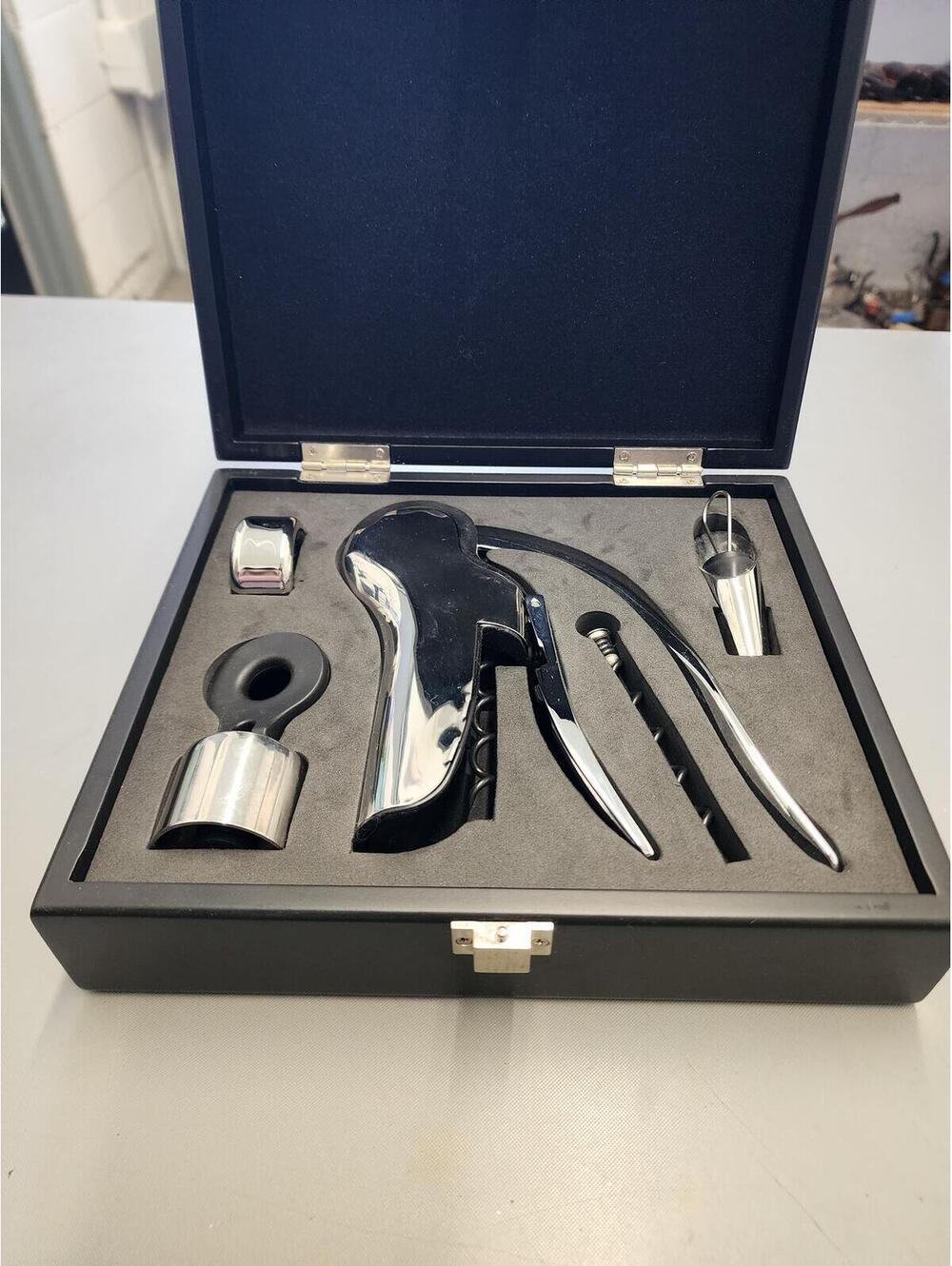 Wine Accessory Set with Corkscrew, Foil Cutter, Pourer, and Stopper in Black Box